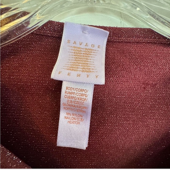 Savage X Fenty Sleep and Shine  Shimmering Burgundy Ruched Crop Top Long Sleeve - Picture 2 of 6